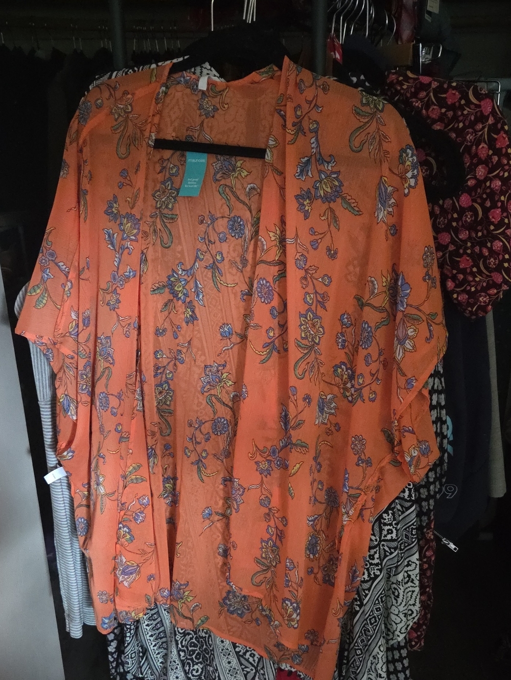 Maurices Orange Floral Draped Kimono Cardigan